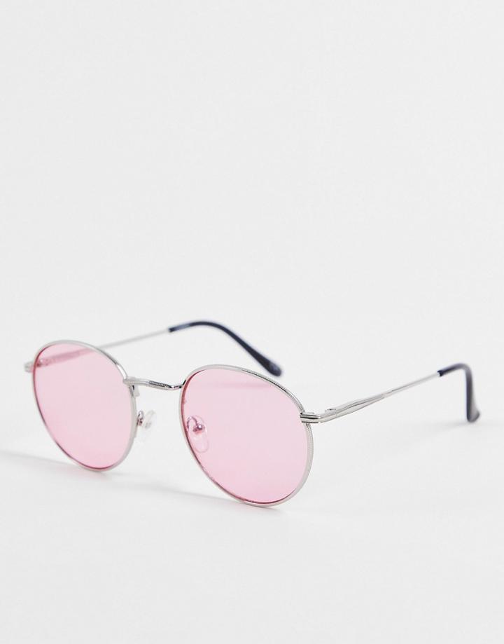 Asos Design Recycled Round Sunglasses In Silver Metal With Pink Lens