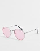 Asos Design Recycled Round Sunglasses In Silver Metal With Pink Lens