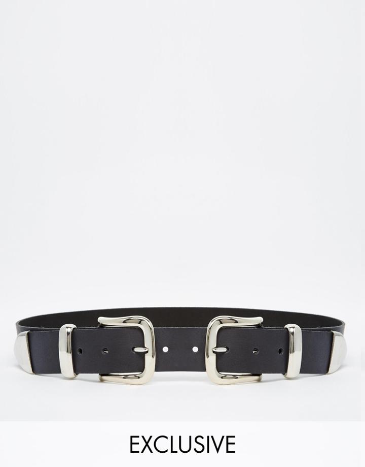 Retro Luxe London Leather Double Buckle Western Belt - Black