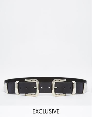 Retro Luxe London Leather Double Buckle Western Belt - Black