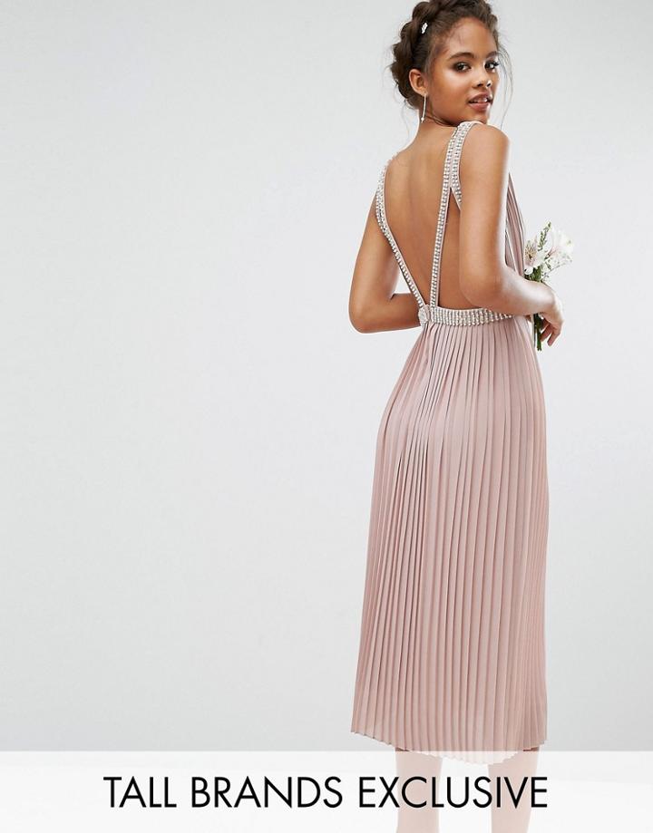 Tfnc Tall Wedding Embellished Open Back Midi Prom Skater Dress - Pink