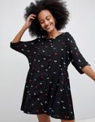 Monki Multi Color Dog Print Smock Dress In Black - Black