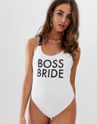 Asos Design Recycled Bridal Boss Bride Slogan Swimsuit In White And Black - Black