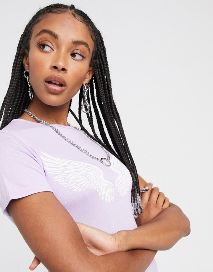 Rokoko Short Sleeved Body-conscious Mini Dress With Angel Print-purple