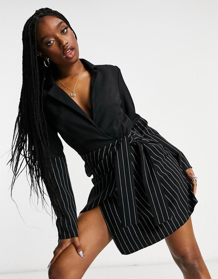 Asos Design Mixed Pinstripe Wrap Mini Tux Dress-multi