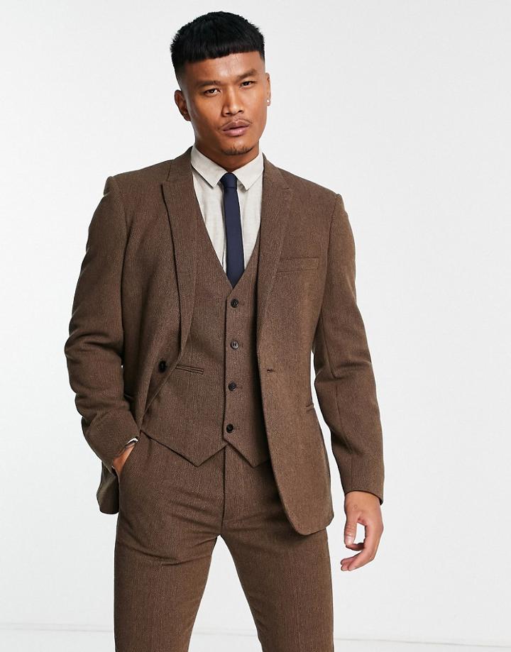 Asos Design Wedding Skinny Wool Mix Suit Jacket In Brown Basketweave Texture