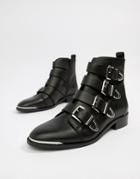 Office Archive Four Buckle Black Leather Ankle Boots - Black