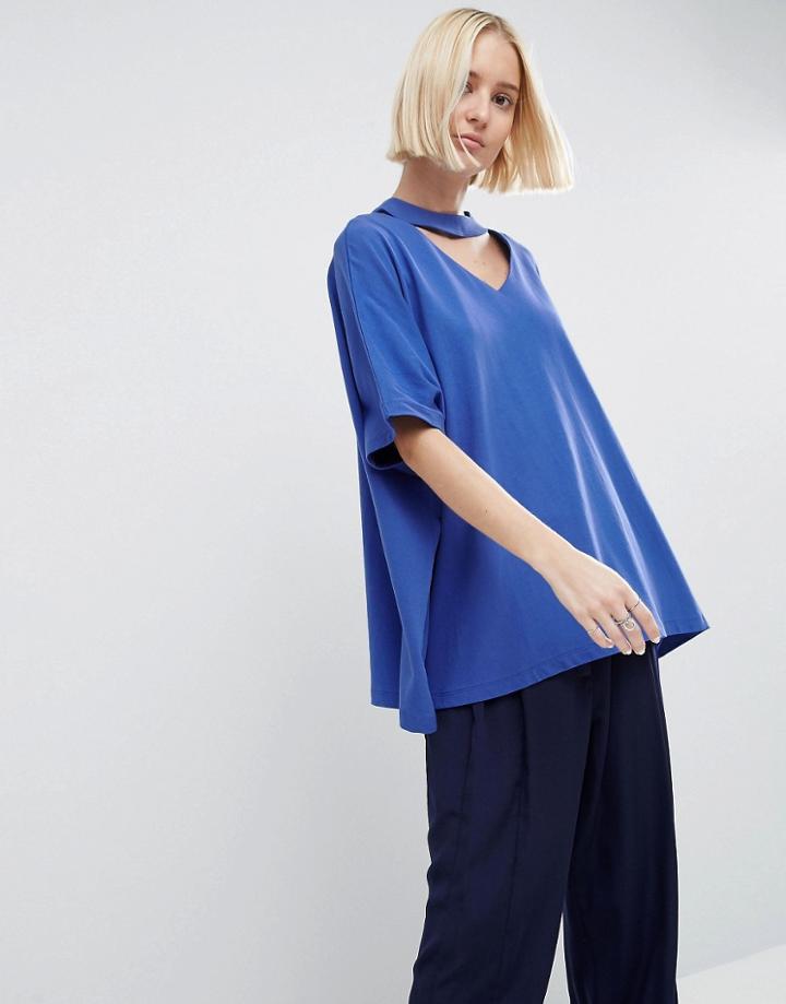 Asos White Oversized T-shirt With V-cut Out Detail - Blue