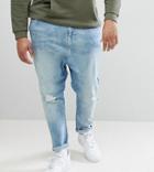 Asos Design Plus Drop Crotch Jeans In Mid Wash Blue With Rips - Blue