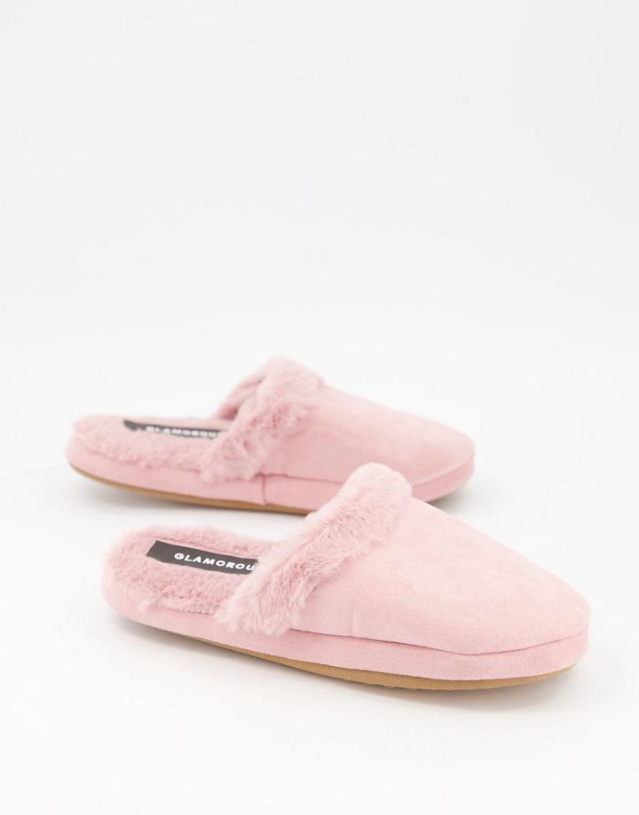 Glamorous Fluffy Slippers In Pale Pink