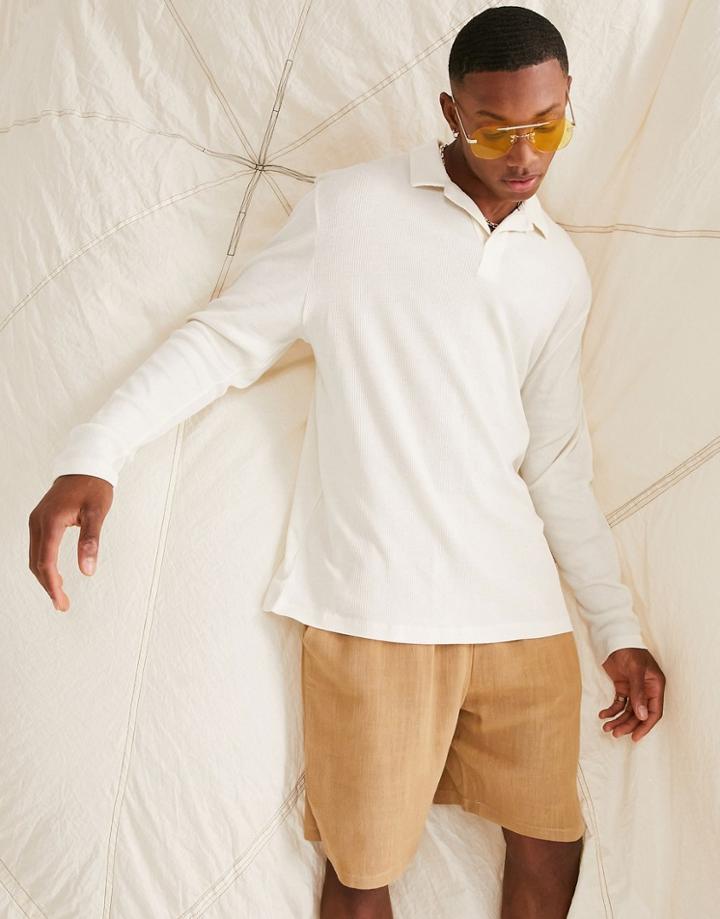 Asos Design Long Sleeve Oversized Rib Polo In Cream-neutral