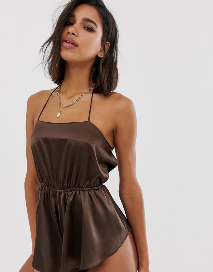 Asos Design Satin Romper With Side Splits - Brown