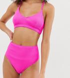 Warehouse Ribbed High Waisted Bikini Bottoms In Bright Pink - Pink
