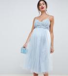 Asos Design Maternity Premium Lace Cami Top Tulle Midi Dress - Blue
