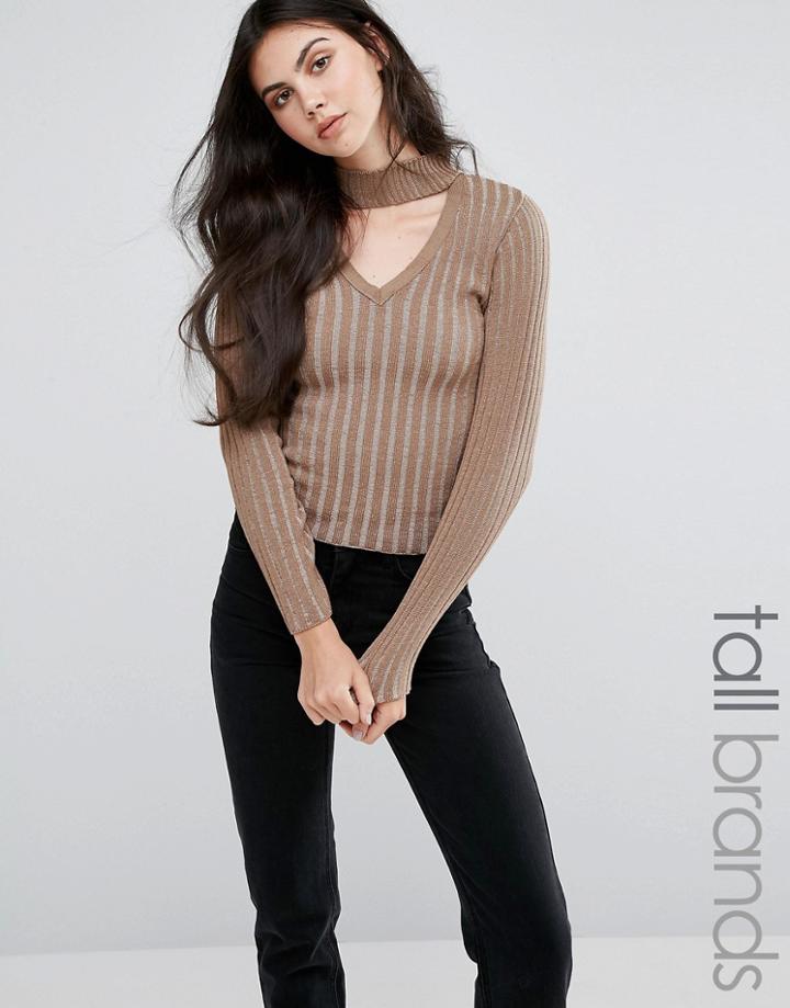 Missguided Tall Neck Tab Skinny Rib Sweater - Brown