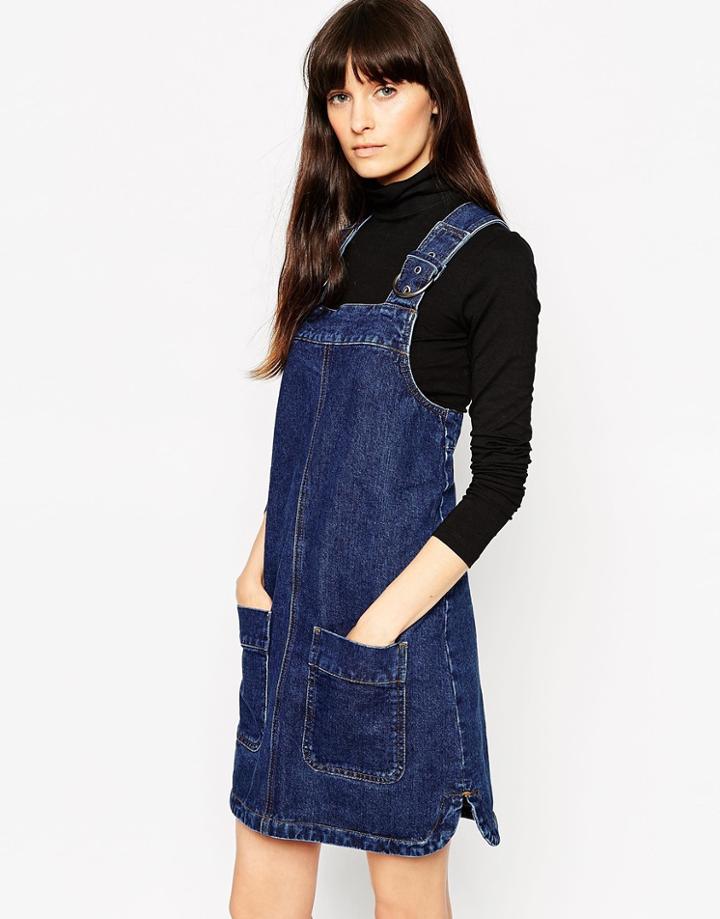 Asos Denim Pinafore Dress With Patch Pockets In Rich Blue - Indigo