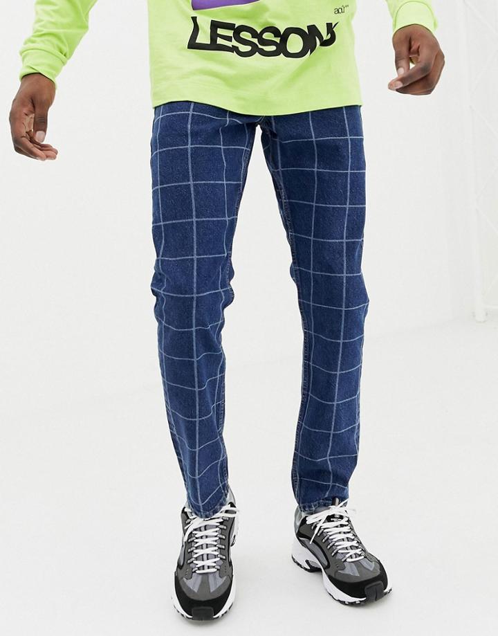 Asos Design Vintage Slim Jean In Mid Wash Check Print-blue