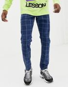 Asos Design Vintage Slim Jean In Mid Wash Check Print-blue