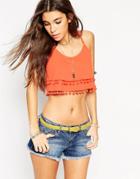 Asos Festival Crop Top With Double Layer And Pom Pom Hem - Coral