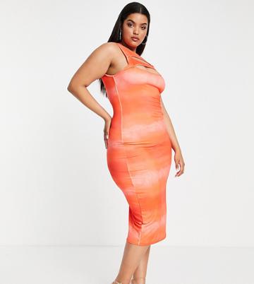 Simmi Plus Slit Detail Midi Dress In Orange