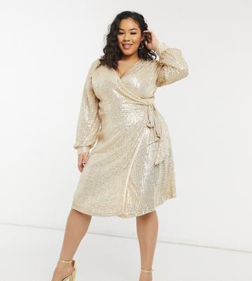 Chi Chi London Plus Sequin Wrap Tie Mini Dress In Light Gold