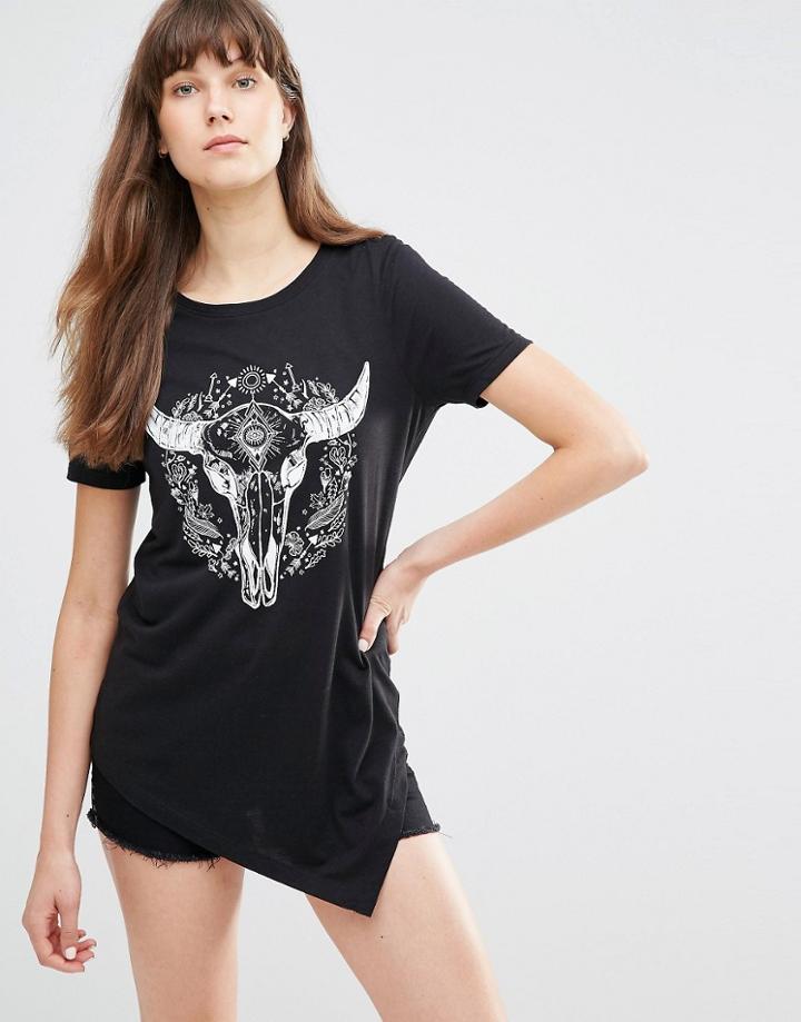 Noisy May Asymmetric Printed T-shirt - Black