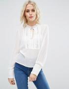 Asos Lace Insert Blouse With Deep Cuff & Tie - Cream