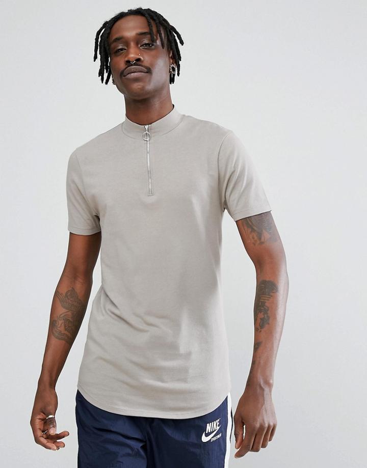 Asos Longline Muscle T-shirt With Zip Turtleneck And Curved Hem - Gray