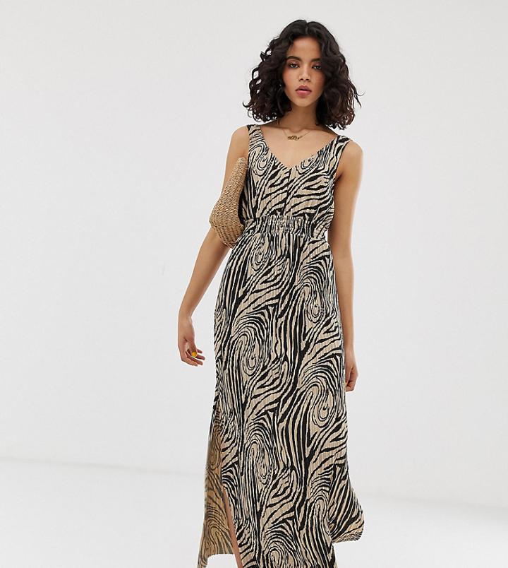 River Island Shirred Waisted Maxi Dress In Zebra - Tan