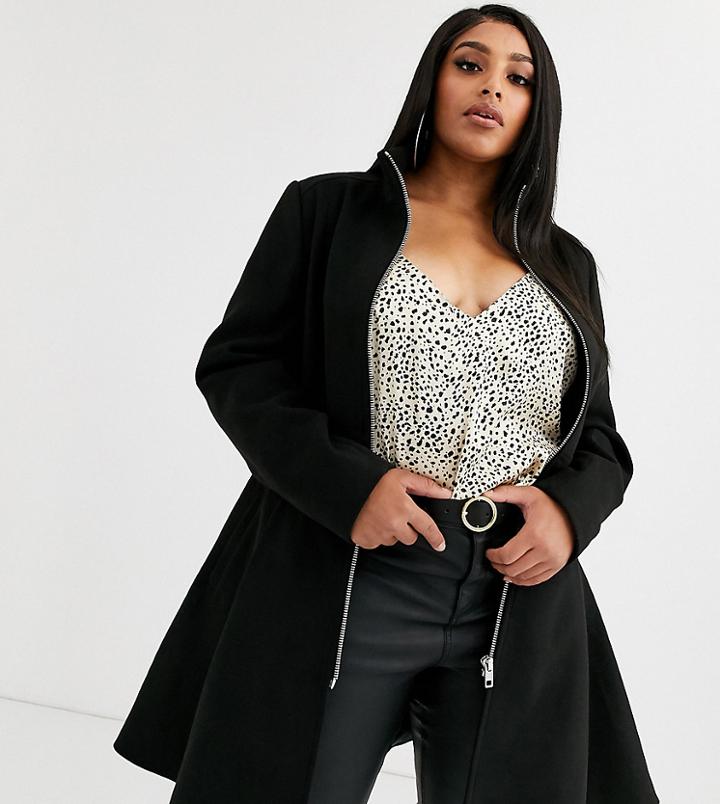 Asos Design Curve Swing Coat With Zip Front Detail In Black - Black
