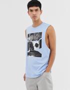 Asos Design Organic Cotton Relaxed Sleeveless T-shirt With Dropped Armhole And Skull Print - Blue
