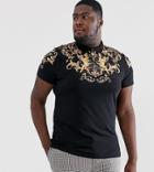 Asos Design Organic Cotton Plus Polo With Baroque And Cherub Print - Black