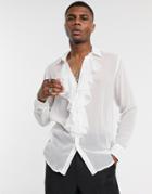 Asos Design Regular Fit Textured Shirt With Ruffle Front Bib Detail In White