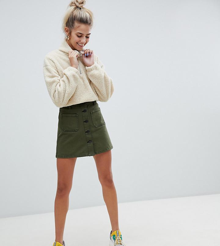 Bershka Button Up Skirt In Khaki-green