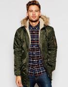 Selected Homme Snorkel Parka With Faux Fur Hood - Khaki