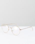 Asos Design Geeky Metal Round Clear Lens Glasses - Gold