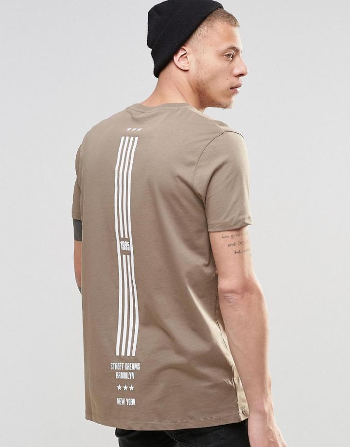 Asos Longline T-shirt With Flag Spine Print In Brown - Coco Brown