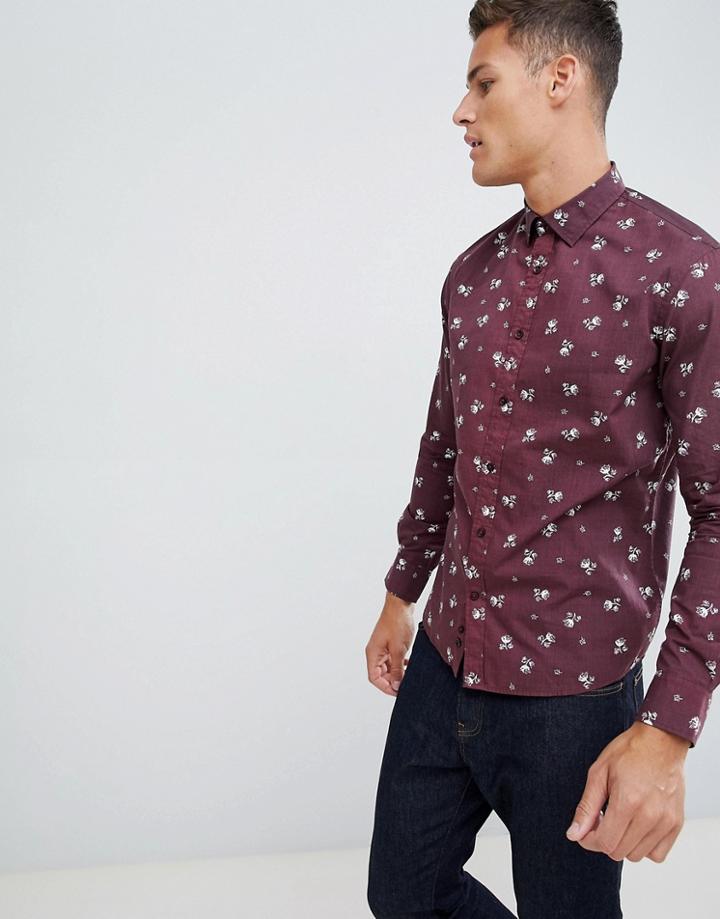 Celio Slim Fit Shirt With Stretch In Floral Print - Purple
