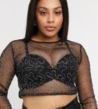 Rokoko Plus Long Sleeve Mesh Crop Top In Sequin Fabric Set-black