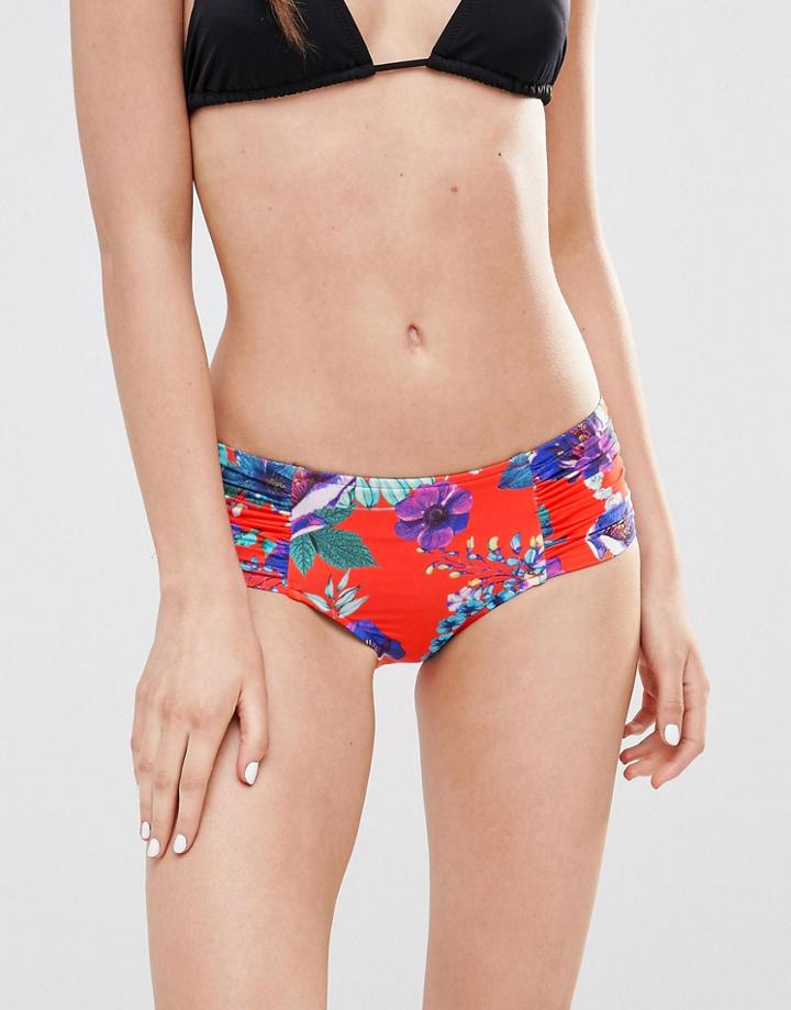 Seafolly Ruched Side Retro Bikini Bottom In Field Trip Floral Print - Tangelo