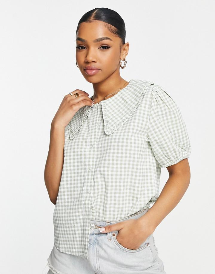 Jdy Collar Detail Puff Sleeve Blouse In Green Plaid