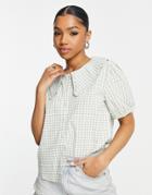 Jdy Collar Detail Puff Sleeve Blouse In Green Plaid