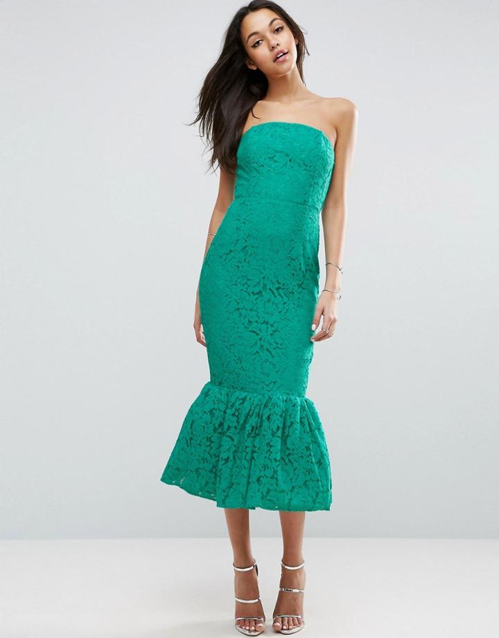 Asos Bandeau Lace Trumpet Hem Midi Dress - Green