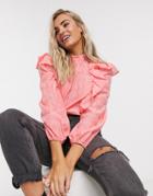 Topshop Pink Plaid Ruffle Detail Blouse In Coral
