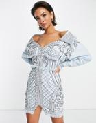 Asos Design Off Shoulder Structured Mini Dress With Pearl Embellishment And Collar Detail-blues