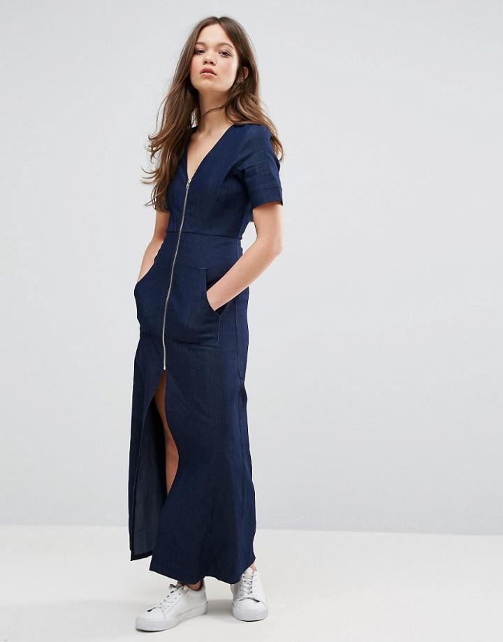 Liquorish Zip Front Maxi Dress - Blue