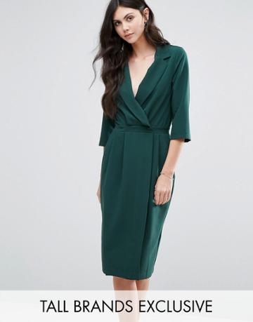 Alter Tall 3/4 Sleeve Wrap Front Dress With Lapels - Green