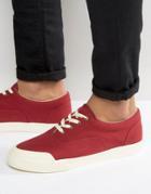 Asos Lace Up Sneakers In Burgundy Canvas With Rubber Toe Detail - Red