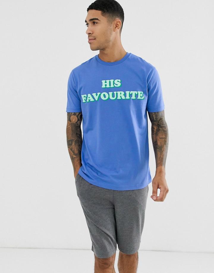 Asos Design His And His Lounge Shorts And Tshirt Pyjama Set With 'favorite' Slogan In Navy