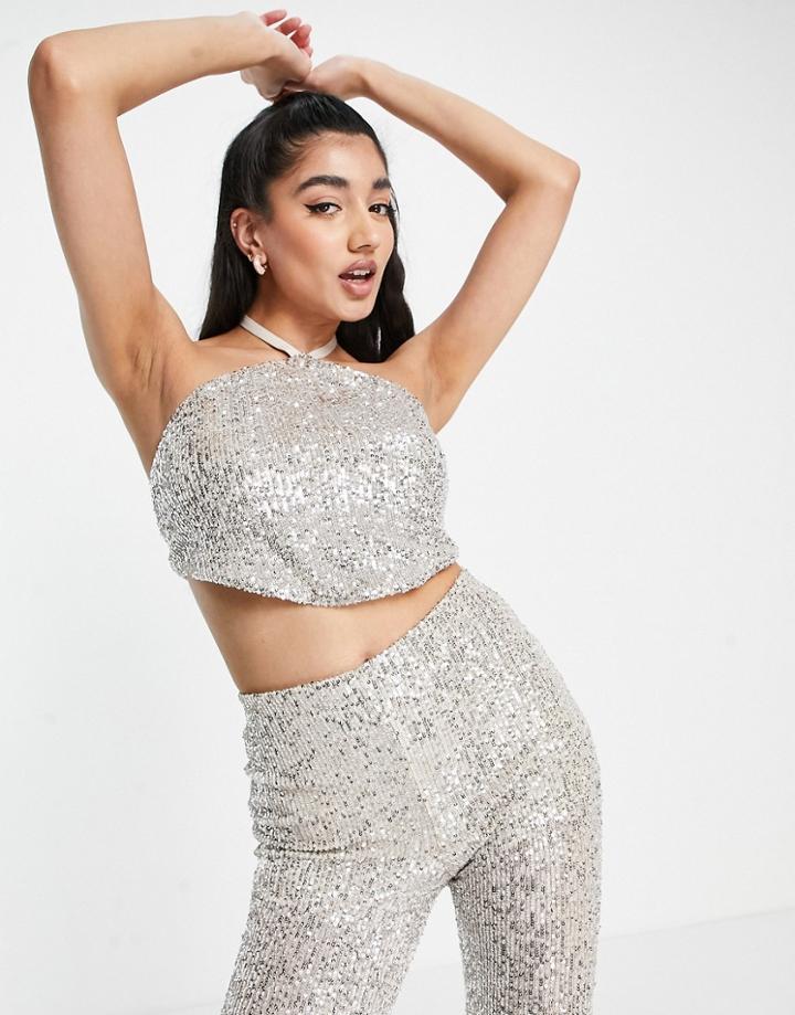 Miss Selfridge Sequin Hanky Halter Crop Top-silver